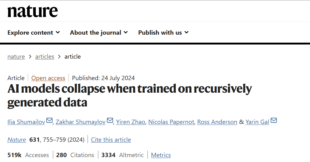 Nature paper: AI models collapse when trained on recursively generated data